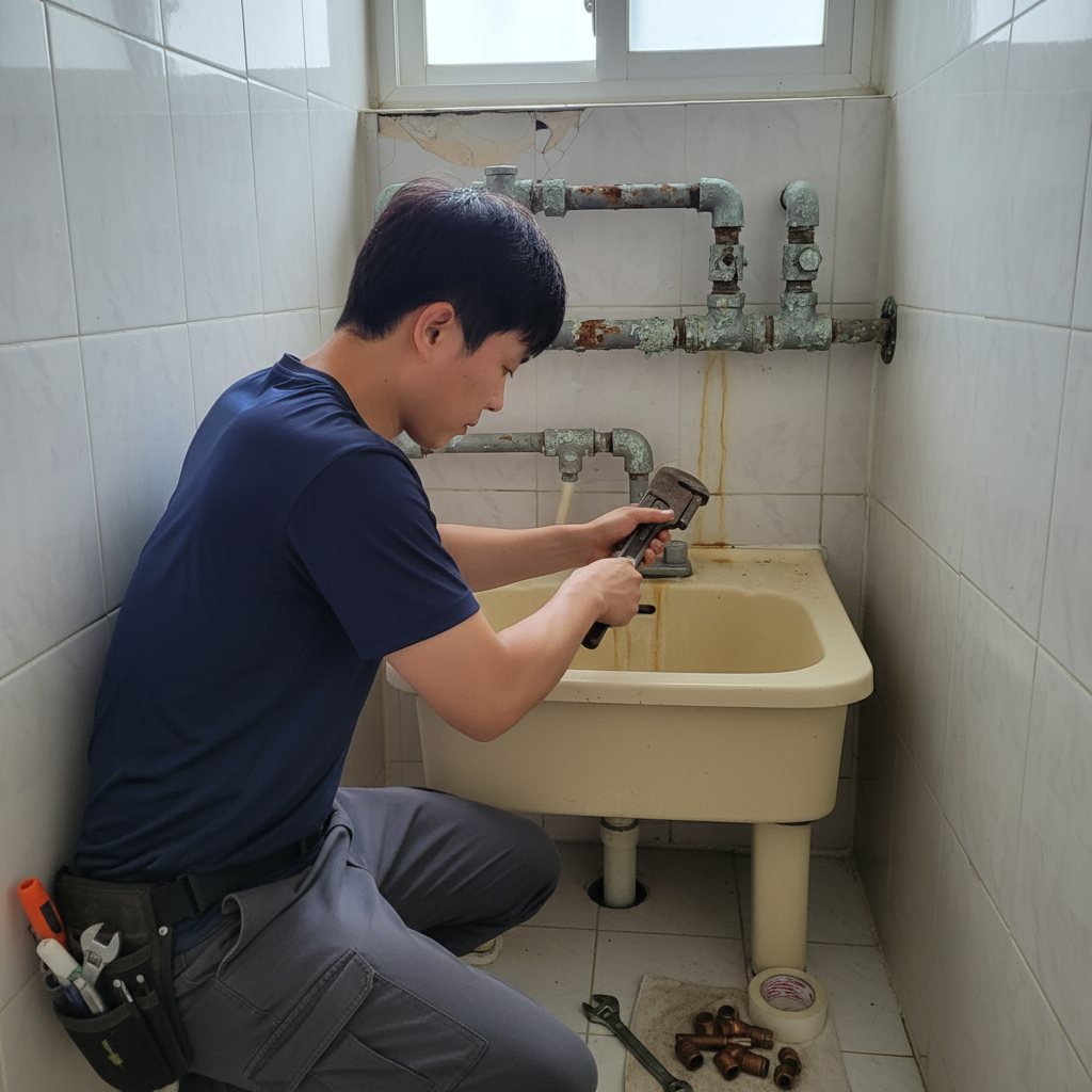 배관 렌치를 사용하여 노후된 급수 배관 이음부를 분리하는 청수설비 전문가의 모습